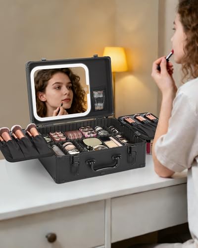 Makeup Case Makeup Bag with LED Mirror Makeup Organizer Large Cosmetic Bags Travel Train Case for Women (Black / medium)