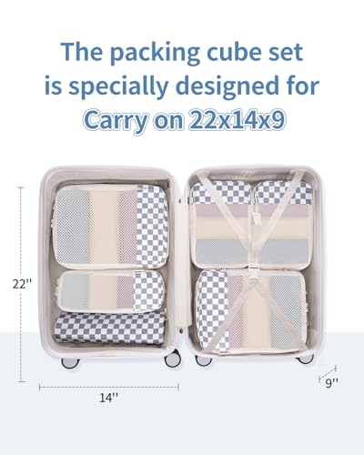 6 Set Compression Packing Cubes for Travel Women Men (Z-Grayish Blue Checkerboard)