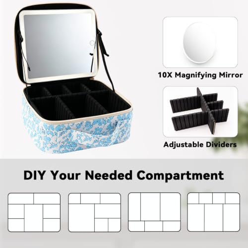 Travel Makeup Bag with LED Mirror Toiletry Bag for women with 10x magnifying glass (Blue Flower / With LED Mirror and 10x Magnifying Glass)