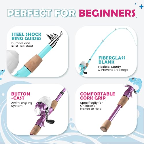 Kids Fishing Pole 2 Pack (Mint Blue+Metallic Pink)
