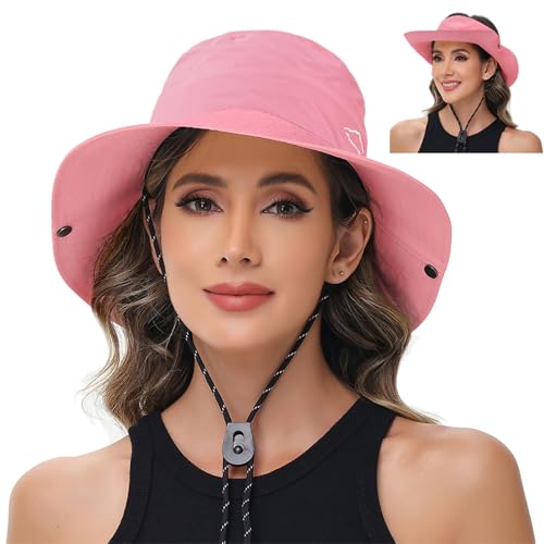 Sun Hats for Women Bucket Hat UV Protection Fishing Hat Wide Brim Safari Hats 2 in 1 Zip (1pack-pink)