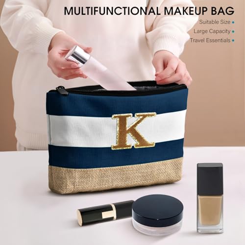 Beach Bag Initial Beach Tote with Makeup Bag for Travel (Dark Blue 2 Pcs / K)