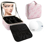 Travel Makeup Bag with LED Mirror Toiletry Bag for women with 10x magnifying glass (Red Flower / With LED Mirror and 10x Magnifying Glass)