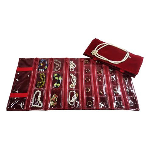Travel Jewelry Roll Bag Portable Organizer Pouch With Grids&PVC Cover Storage Bags for Necklace (Burgundy Velvet 29 Grids)