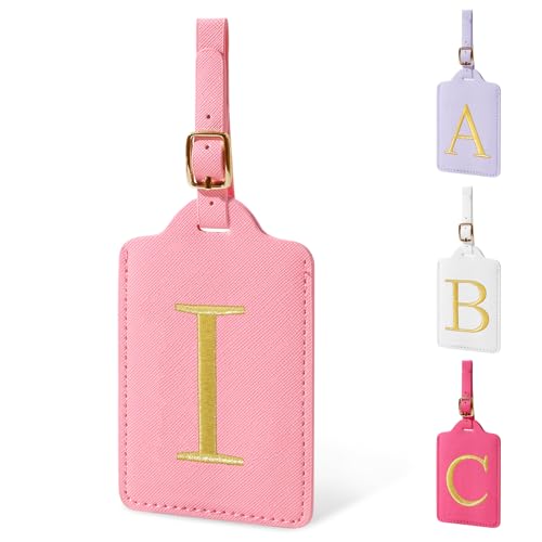 Personalized Initial Luggage Tags for Suitcase (Pink Leather,glod Letter / I)
