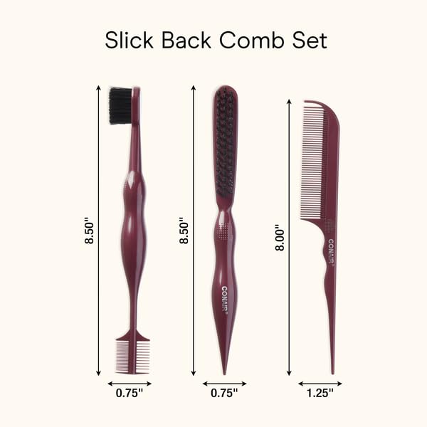 Conair Slick Back Tail Comb Set, 3-Pack with Fine Tooth Tail Comb, Edge Brush, and Smoothing Brush for Teasing, Parting, and Smoothing Sleek Hair Styles, Control Hair Flyaways