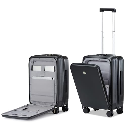 Grace Carry On Luggage with Wheels Airline Approved Hard Shell Suitcases with Front Pocket (Jet Black / 20 Inch-2)
