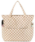 Waterproof Beach Tote Pool Bags for Women Ladies Extra Large Gym Tote Carry On Bag With Wet Compartment for Weekender Travel (A Checked Brown White)