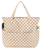 Waterproof Beach Tote Pool Bags for Women Ladies Extra Large Gym Tote Carry On Bag With Wet Compartment for Weekender Travel (A Checked Brown White)