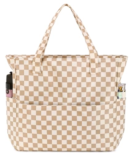 Waterproof Beach Tote Pool Bags for Women Ladies Extra Large Gym Tote Carry On Bag With Wet Compartment for Weekender Travel (A Checked Brown White)