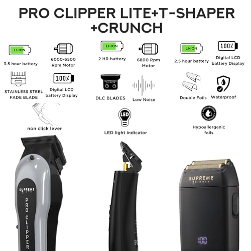3-in-1 Barber Bundle | Pro Clipper Lite, DLC T-Shaper Trimmer & Crunch Foil Shaver | Professional Beard Trimmer Men’s Hair Clipper Kit | Black Lite Bundle (Black Lite Bundle)