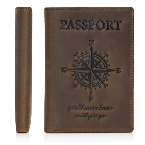 Polare Luxury RFID Blocking Leather Passport Holder Travel Wallet For Men and Women (V Dark Brown Compass)