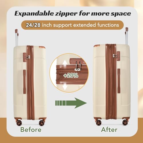 24" Expandable Checked Luggage Hardshell Suitcase with TSA Lock (White Brown Single / 24 Inch)