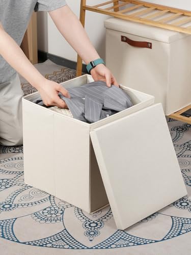 Fabric Storage Bins with Lids 13 Inch Storage Cubes with Lid (13×13×13 / Beige)