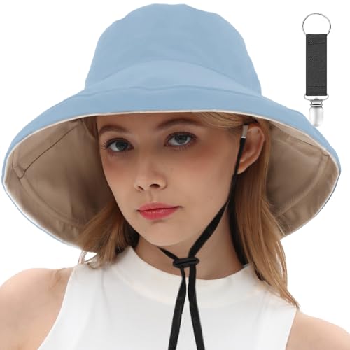 Womens Sun Hats Wide Brim Reversible Bucket Cotton Hat Packable Summer Travel Cap with Hat Clip (Medium / Medium-beige+blue)