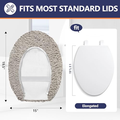 Microfiber Elongated Toilet Seat Cover 19.5"x 15" Machine Washable (Light Grey / Elongated)