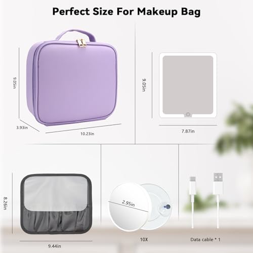 Travel Makeup Bag with LED Mirror and 10x magnifying glass with 3 Lighted Settings (Purple / With LED Mirror and 10x Magnifying Glass)