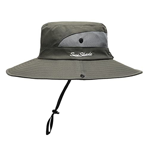 Womens Summer Sun Hat Beach Hat Wide Brim Outdoor UV Protection Hat Foldable Cool Mesh Ponytail Bucket Hat (6-7 / Pure Army Green)