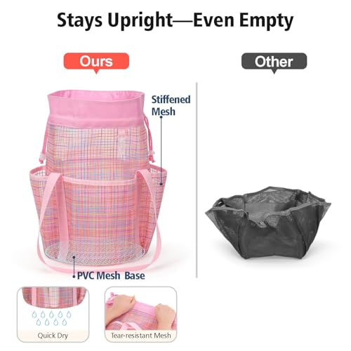 Mesh Shower Caddy Portable with Drawstring (Pink Grid)