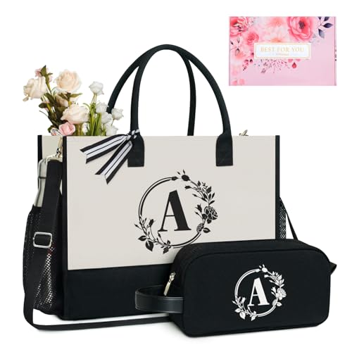 Personalized Initial Canvas Tote Bag with 5 Pockets (Black/White - Wreath a)