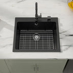 25" Quartz Sink Drop In Wet Bar Sink Black Prep Kitchen Sink Topmount Deep Single Bowl (Black / 25"x22")