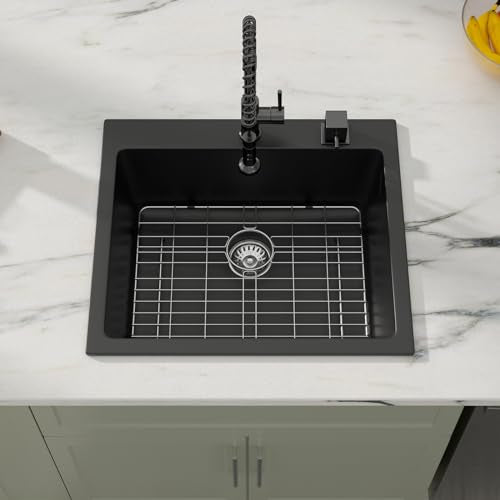 25" Quartz Sink Drop In Wet Bar Sink Black Prep Kitchen Sink Topmount Deep Single Bowl (Black / 25"x22")