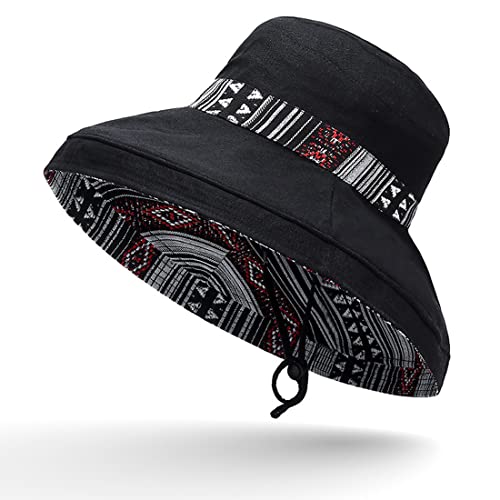 Women Summer Wide Brim Sun Hat Bucket Fishing Hats UV Protection (Medium / Qf001-black)