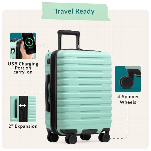 Boren Expandable Hardside Rugged Travel Luggage with 8 Spinner Wheels (3-Piece Set, USB Port in Carry-On / Mint)