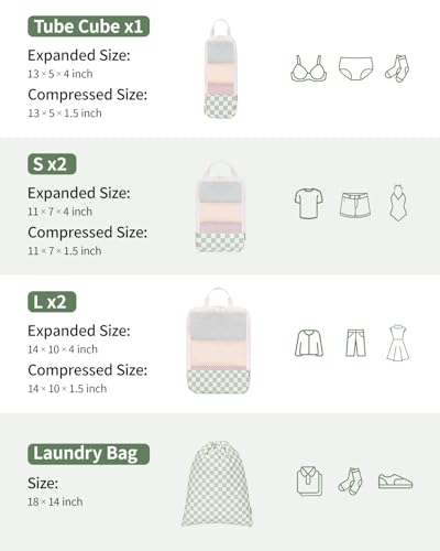 Compression Packing Cubes for Women Kids (AA-Mint Green Checkerboard / 6 Set)