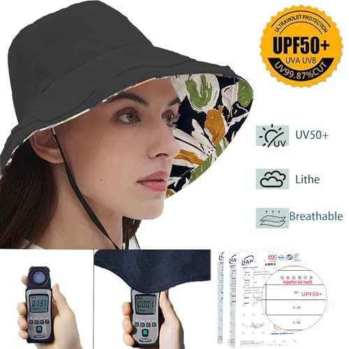 Womens Sun Hats Wide Brim Reversible Bucket Cotton Hat Packable Summer Travel Cap with Hat Clip (Medium / Black2)