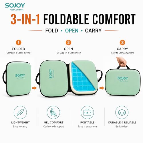 3-in-1 Foldable Gel Seat Cushion with Memory Foam Ergonomic Portable Cushion for Back Pain & Tailbone Relief - Perfect for Office Chair, Airplane Travel & Stadium Seats (18.5" x 15" x 2" Green) (Green)