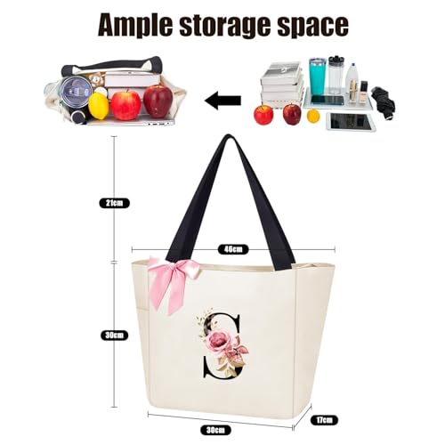 Tote Bag, A-Z Initial Monogrammed Waterproof Tote Bag, Bridesmaid Gifts for Women, Black and Pink (W, Beige) (Beige)