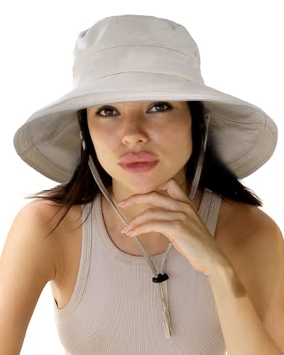 Womens Sun Hat with Ponytail Hole Cotton Shapeable Wide Brim Beige (Medium-Large / Beige)