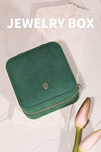 Travel Jewelry Organizer Boxes for Women Small Portable Necklace Earrings Bracelet Rings Travel Case Best Friend Birthday Gifts for Women Trendy (08_Suede_Touch_Emerald)
