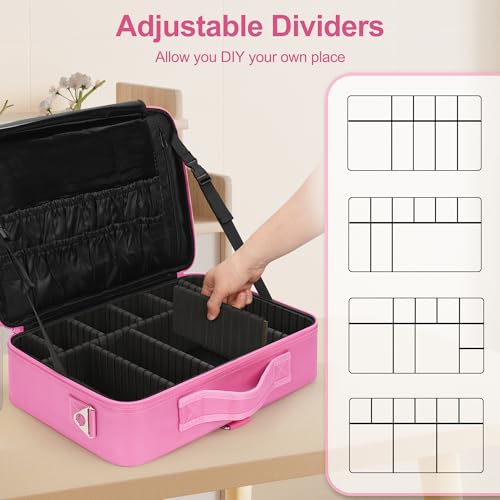 Makeup Case Large Makeup Bag Professional Train Case Travel Cosmetic Organizer Brush Holder Waterproof Makeup Artist Storage Box (Large / Rose Pink)