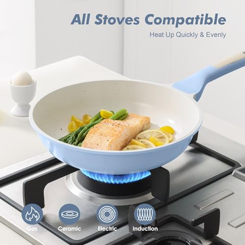 10Inch Nonstick Ceramic Frying Pan with Lid (Glacier Blue / 10 Inch)