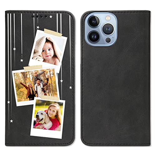 Custom Flip Wallet Case for iPhone 17 16 15 14 13 12 11 Air Pro Max Mini XR XS 7 8+ Plus iP Phone with Card Holder Black (Black-B)