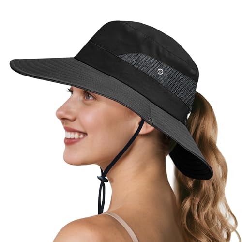 Ponytail Sun Hats for Women UPF 50+ Black (One Size / Black (Ponytail Hole))