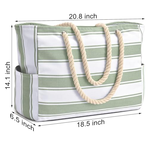 Beach Bags for Women Large Waterproof Beach Tote Bag Zipper Beach Bags Waterproof Sandproof Swim Pool Bag Large Tote (Light Green Stripe)