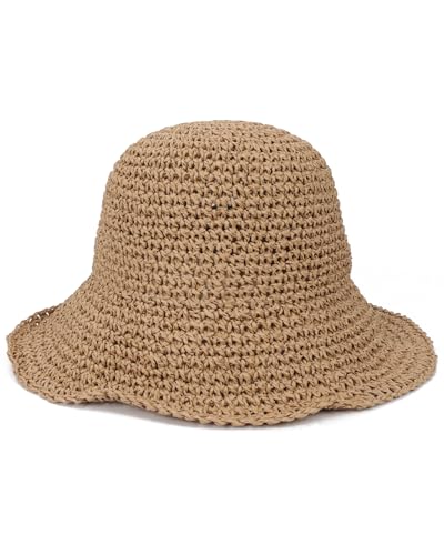 Womens Crochet Straw Sun Hat Foldable Floppy Wide Brim Beach Hat for Summer (One Size / Khaki)