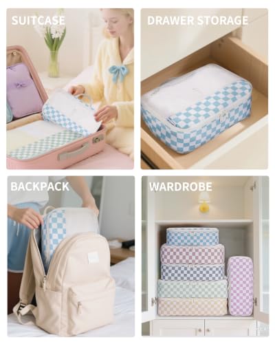 7 Set Checkered Packing Cubes for Travel Kids Women (AA-Combined Checkered / 7 Set)