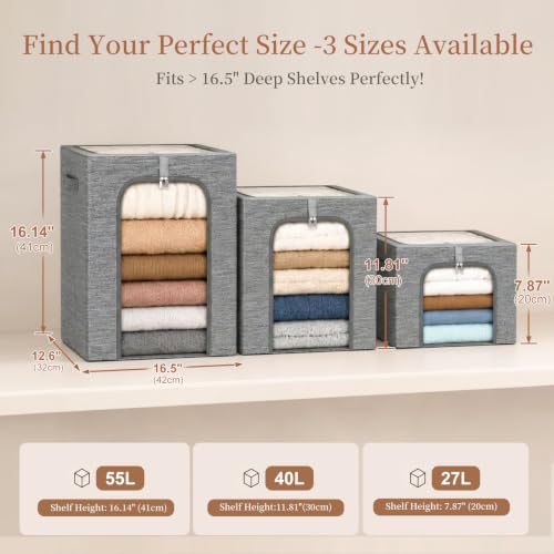 Clothes Storage Bins with Metal Frame for Closet (Gray / 40L)