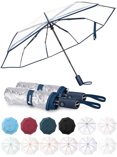 Windproof Travel Umbrellas for Rain and Sun (Clear-Navy Blue / 1 PK)
