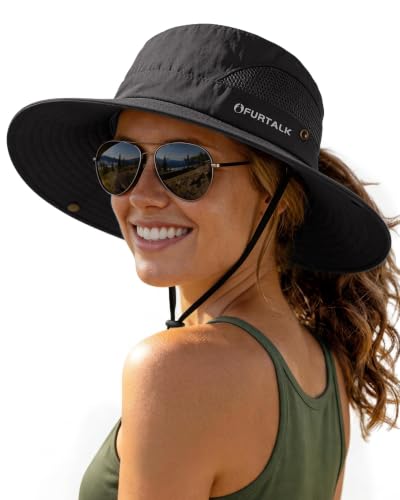 Womens Sun Hat with Ponytail Hole Beach Hiking Summer Wide Brim UPF 50+ Outdoor Protection Foldable Bucket Hat Black (Black)