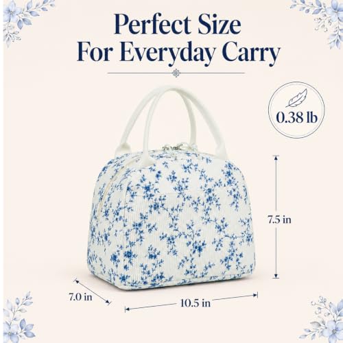 Lunch Bag for Women Cute Corduroy Lunch Tote Bags with Shoulder Strap Reusable Insulated Lunch Box Large Capacity Reusable Insulated Cooler for Work Picnic or Travel (Blue Floral 293 / 10L)