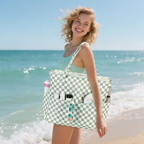 Waterproof Beach Tote Pool Bags for Women Ladies Extra Large Gym Tote Carry On Bag With Wet Compartment for Weekender Travel (Grass Green White Grid)