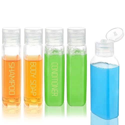 Travel Bottles for Toiletries Plastic Squeeze Bottles 5pcs 2 oz TSA Approved Travel Size Containers Refillable Cosmetic Containers Kit Leak proof Shampoo Conditioner Travel Essentials (2oz Clear - 3 Labeled 2 Blank)