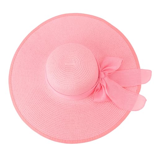 Womens Bowknot Straw Hat Large Foldable Beach Sun Hat Roll up UPF 50+ (Pink / 5.7" Brim, 1 Pack)