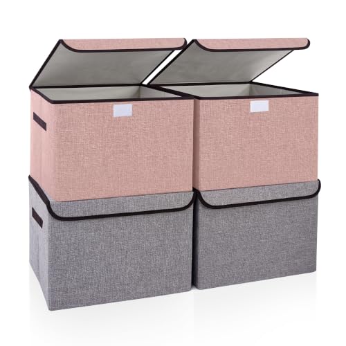 Linen Fabric Foldable Storage Cube Bin Organizer Basket with Flip (Pink & Gray / Medium - 4 Pack)
