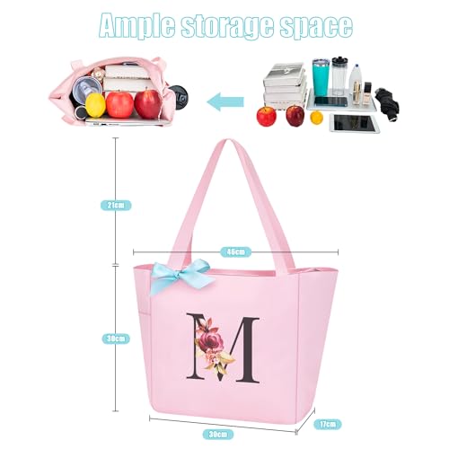 Tote Bag, A-Z Initial Monogrammed Waterproof Tote Bag, Bridesmaid Gifts for Women, Black and Pink (M, Pink) (Pink)